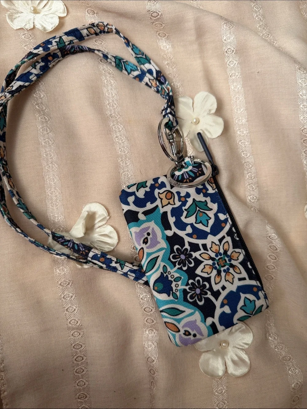 Patterned Blue Floral Lanyard ID Holder with Key Rings